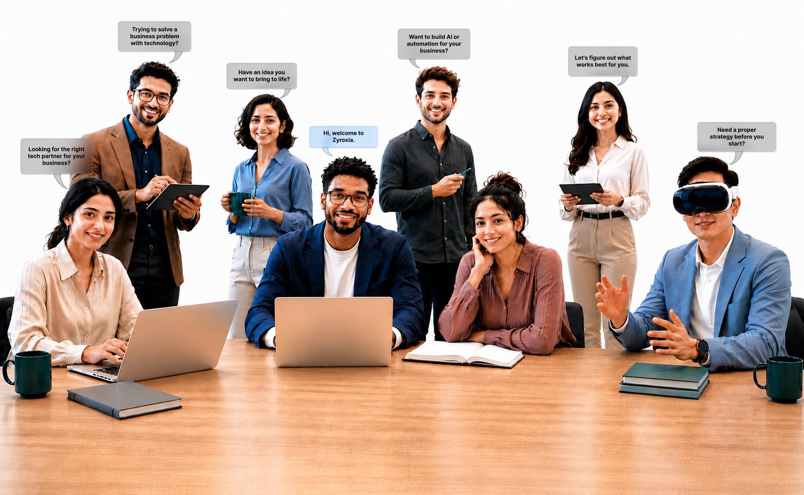 Zyroxia team surrounded by business technology questions